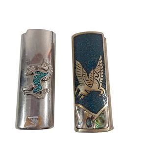 Vintage Silvertone/Silver Unicorn Lighter Covers Mother Of Pearl Turquoise Lot/2